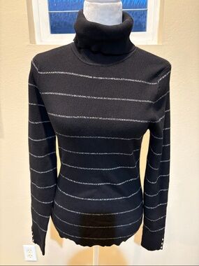 White House Black Market Black Turtleneck Sweater with Silver Stripes-Size L
